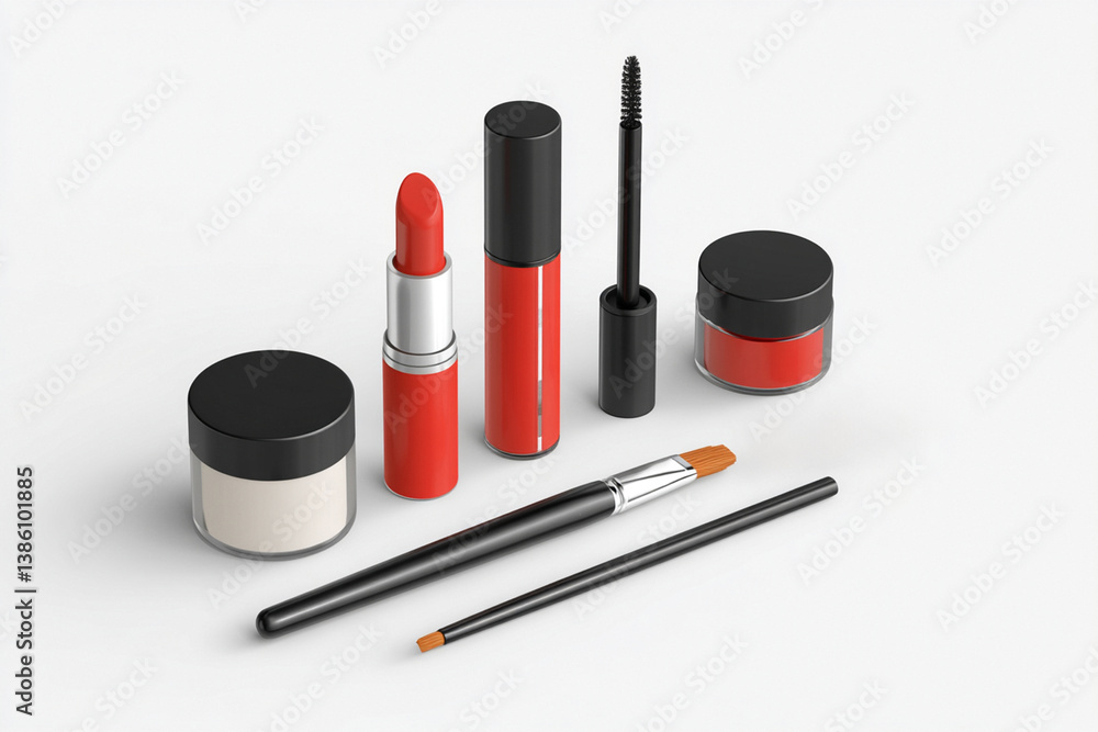 Red lipsticks, eyeshadows, and brushes are organized artistically, emphasizing beauty essentials for makeup lovers and professionals alike Red lipsticks, eyeshadows, and brushes are organized artistically, emphasizing beauty essentials for makeup lovers and professionals alike