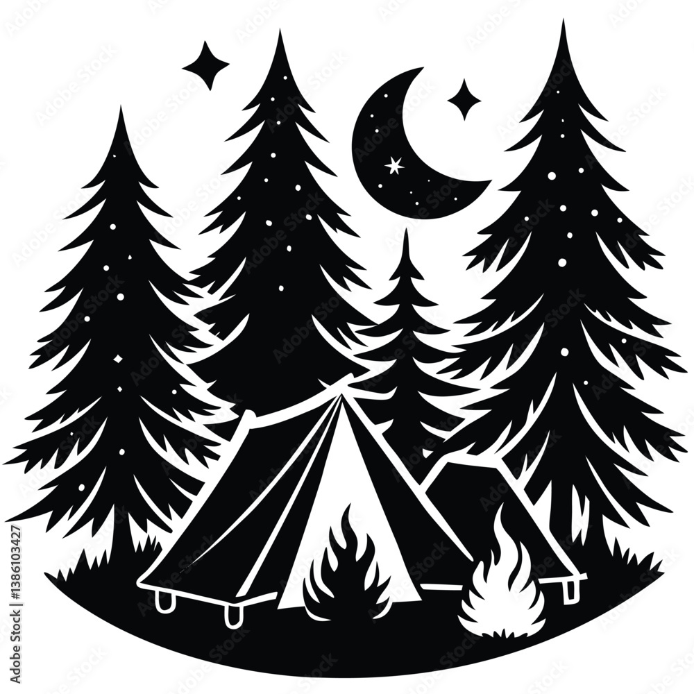 Obraz premium Forest Tents Circle Isolated Illustration, Pine Trees, Campfire, Stars in Night