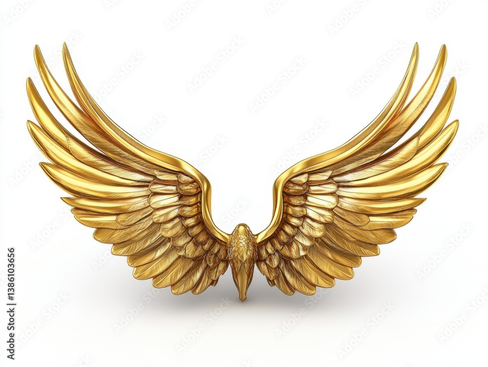 Obraz premium Majestic golden wings spread wide against a clean white backdrop embodying freedom, grace, and ethereal beauty with a touch of divine inspiration