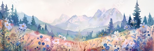 Mountain Meadow Wildflowers - Serene watercolor landscape depicting wildflowers, mountains, and a peaceful meadow. Symbolizing tranquility, nature's beauty, freedom, growth, and hope