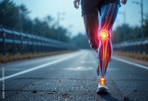 Knee pain running Runner experiences outdoor, Highlighted skeleton visualizes joint inflammation during workout. Athlete suffers leg injury, needs physiotherapy, massage, Health medical assistance 