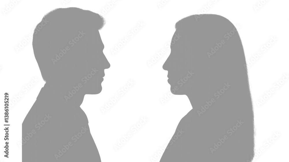 Minimalist silhouette illustration of a man and a woman facing each other in side profile. The grey silhouettes on a white background create a clean and modern aesthetic. Minimalist silhouette illustration of a man and a woman facing each other in side profile. The grey silhouettes on a white background create a clean and modern aesthetic.