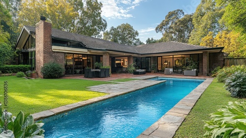 Luxury Brick House with Swimming Pool and Lush Greenery
