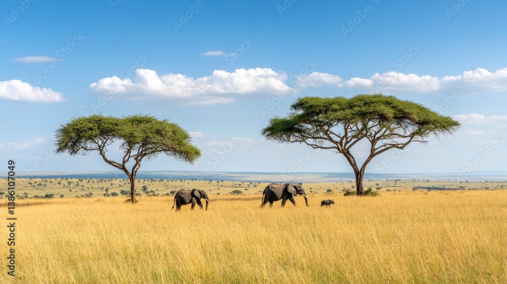 Fototapeta premium Elephants Walking Across African Savannah Landscape with Trees and Blue Sky