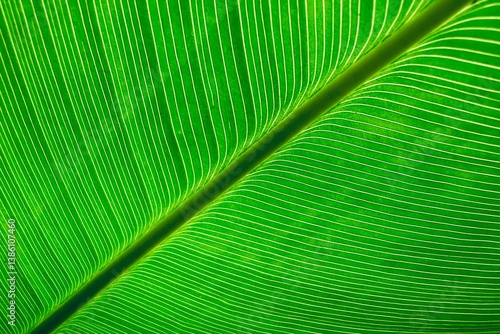 A zoomed-in view of a bright green leaf, showing its intricate veining and deep green tones. This image is highlighted by the midrib, texture and blackgound.
