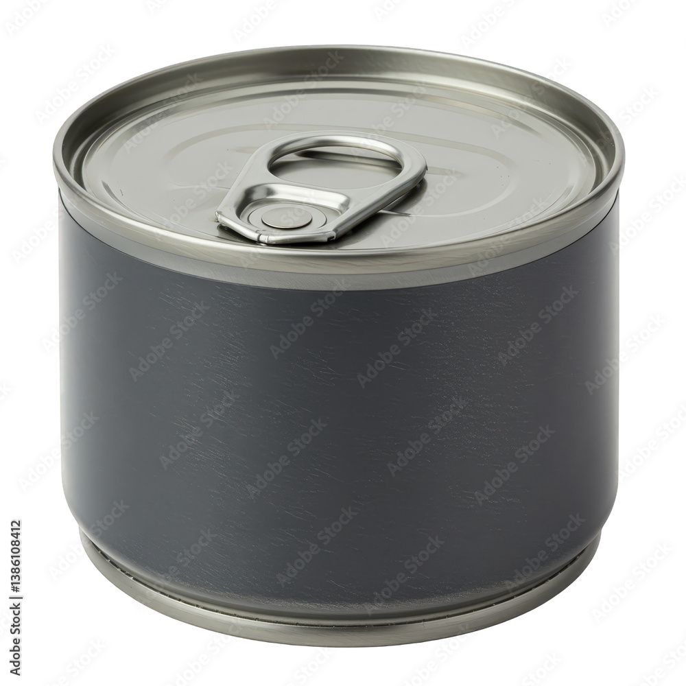 Unopened gray tin can with easy-open pull tab lid. Unopened gray tin can with easy-open pull tab lid.