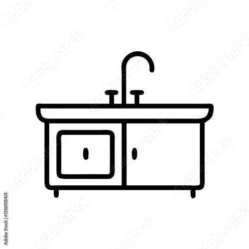 Kitchen sink outline design with cabinet and faucet  