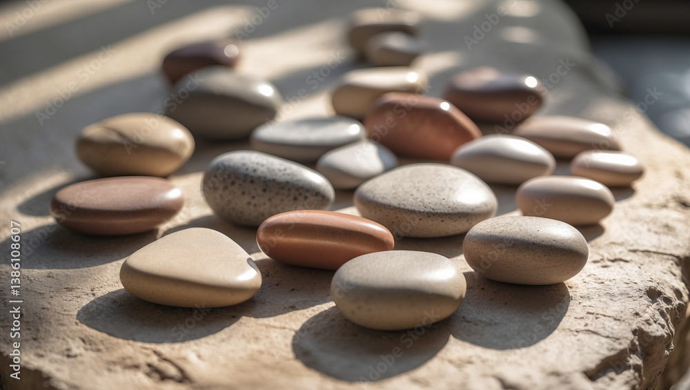 Natural smooth stones arranged on a rock surface caught in warm sunlight during afternoon hours Natural smooth stones arranged on a rock surface caught in warm sunlight during afternoon hours