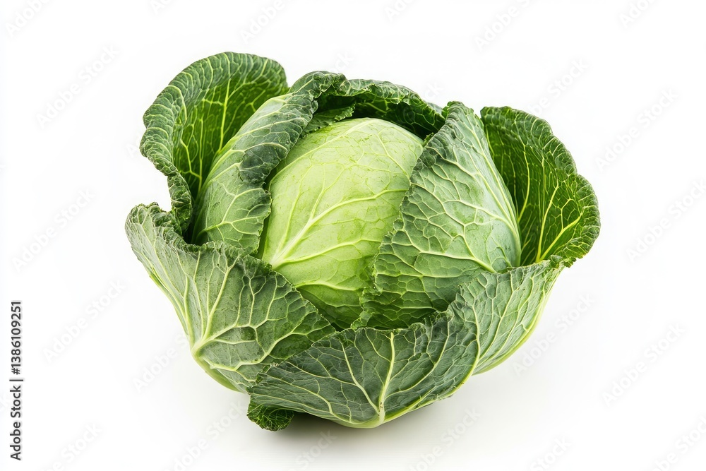 Obraz premium Fresh Green Cabbage Head Isolated on White Background for Food Photography
