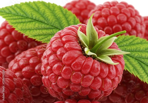 Vibrant red raspberries macro photography isolated white background