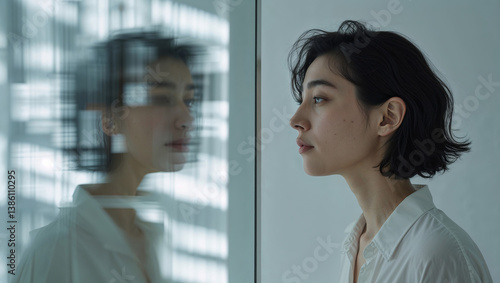 Woman gazing contemplatively at her reflection in a modern interior with soft lighting during the day Free Download Woman gazing contemplatively at her reflection in a modern interior with soft lighting during the day - GFXLoad