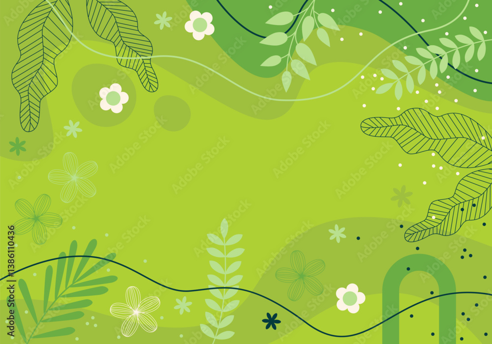 Obraz premium Spring Leaves Border. Abstract green background design. Template Vector Green colors. Concept of sustainable, environmental. Background with Wave, line abstract design, flowers