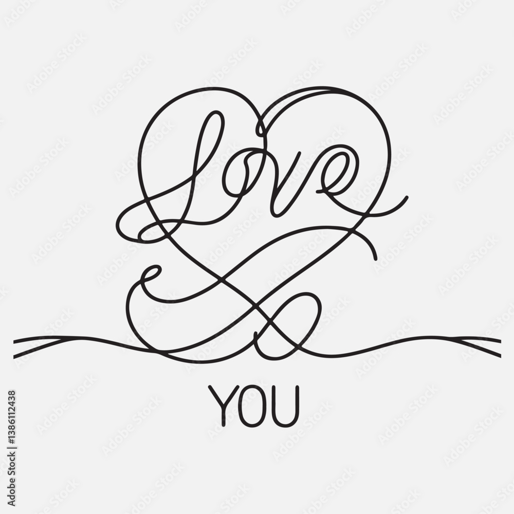 Fototapeta premium Continuous line drawing of love you text and heart. Love symbol. Vector illustration