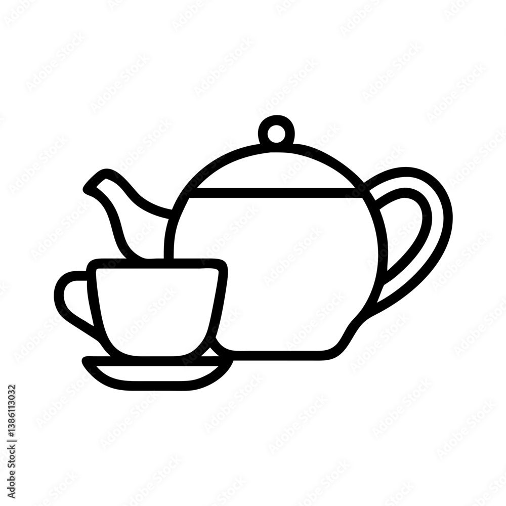 Teapot and Cup in Simple Line Art Style on White Background Teapot and Cup in Simple Line Art Style on White Background