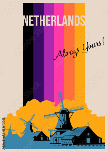 Netherlands Attraction Postcard, Holland Windmills Landmark Illustration, 1980s Style Vector Template Greeting Card, Postcard, Vintage Color Stripes Poster