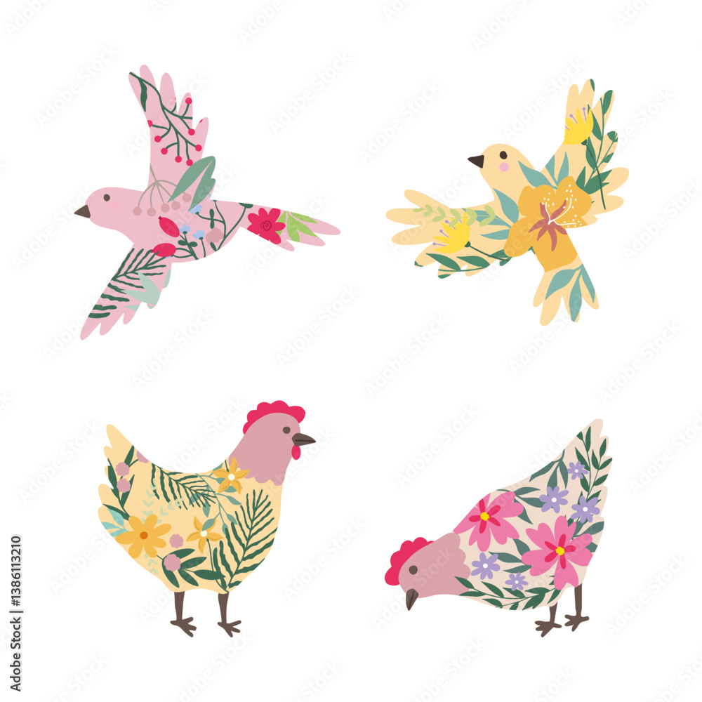 Obraz premium Seamless pattern with cute chickens and flowers. Vector graphics.