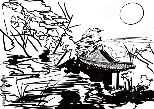 Black and White Illustration of Traditional Chinese Architecture in the Landscape