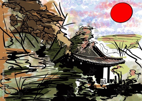 Obraz na płótnie Landscape with Chinese temple in the watercolor style. w salonie