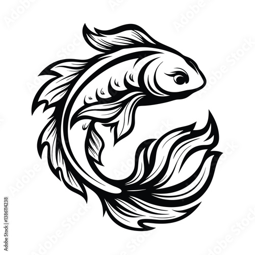 Elegant Koi Fish Flowing Design in Black Ink 