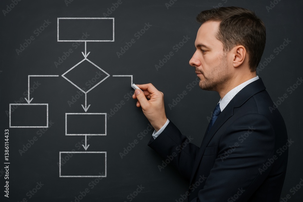 Business Process Workflow Concept: Businessman Drawing Flowcharts on Chalkboard in Formal Suit Business Process Workflow Concept: Businessman Drawing Flowcharts on Chalkboard in Formal Suit