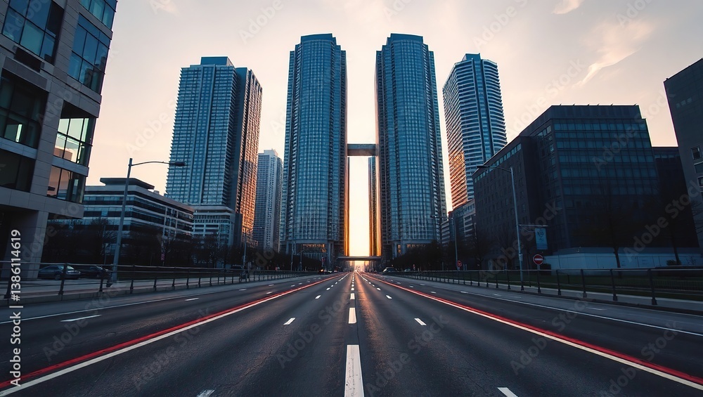 Empty Dawn Street, Modern Skyscrapers Await Empty Dawn Street, Modern Skyscrapers Await