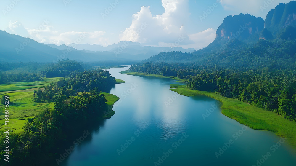 Fototapeta premium Pristine Nature Reserve Landscape: Aerial View of Tranquil River and Mountain Range
