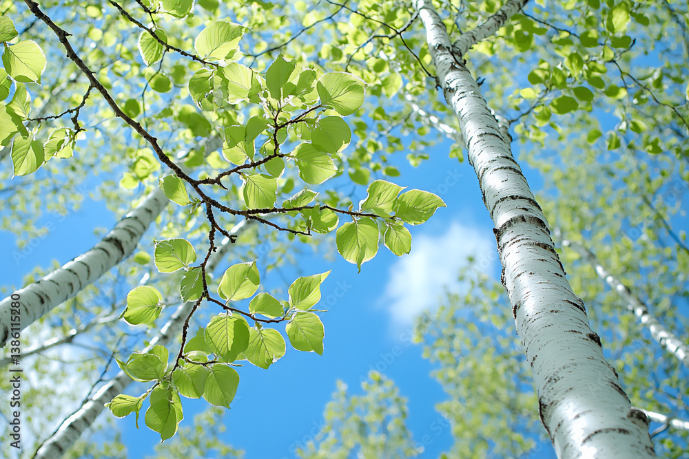 Fototapeta premium silvery birch branches under a spring sky,