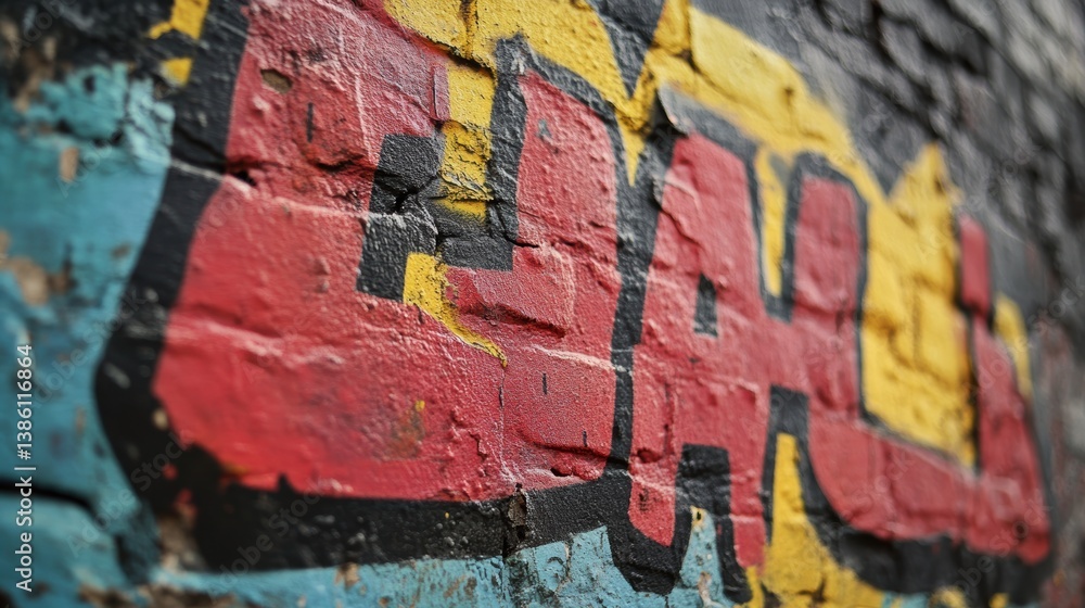 Fototapeta premium A close-up of a rough, weathered brick wall with faded graffiti and natural textures