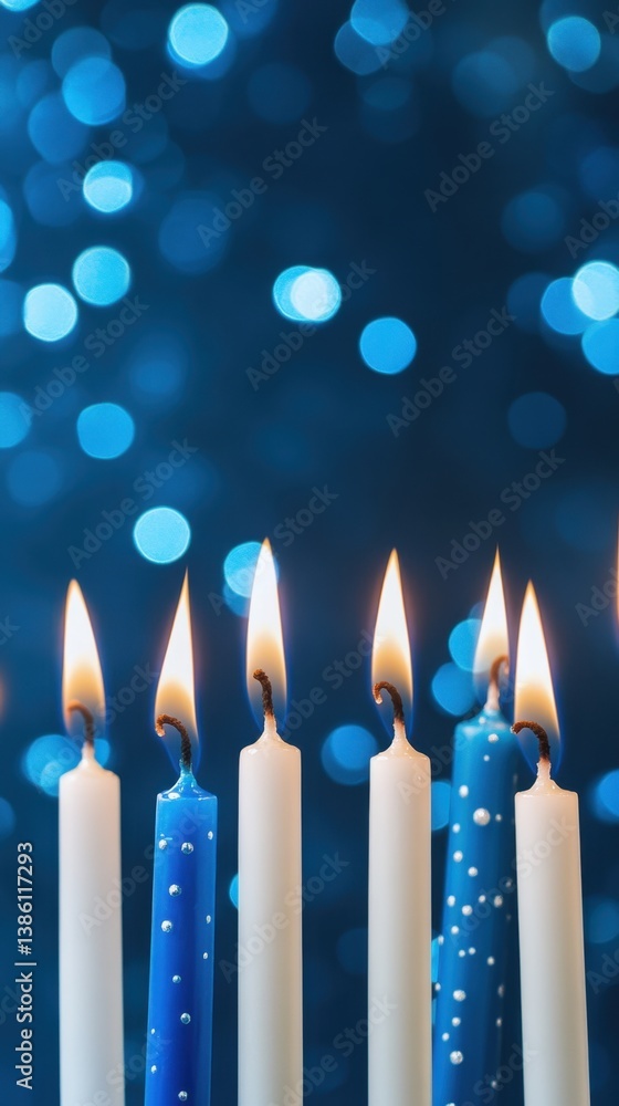 Festive Hanukkah Celebration with Glowing Candles Against a Bokeh Background Capturing the Warmth and Tradition of the Holiday Season with a Vertical Angle Festive Hanukkah Celebration with Glowing Candles Against a Bokeh Background Capturing the Warmth and Tradition of the Holiday Season with a Vertical Angle