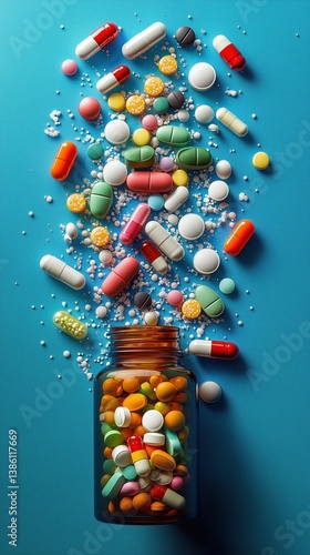 Colorful pharmaceutical capsules and tablets bursting from transparent glass bottle on vibrant blue background ideal for blog visuals, mobile screens and healthcare branding designs
