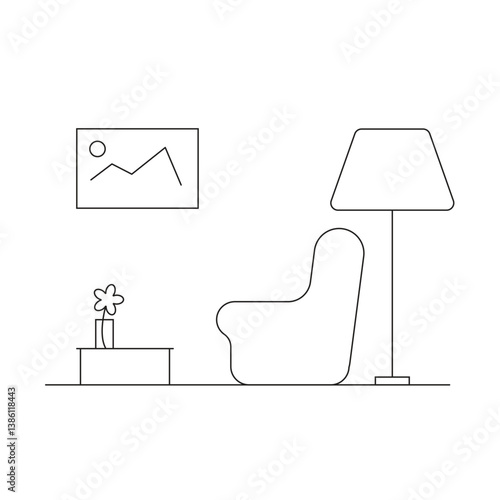 The interior consists of an armchair, a floor lamp and a coffee table, executed in thin lines.