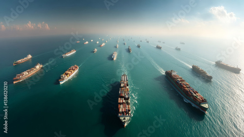 Aerial view of numerous cargo ships navigating through calm waters under a clear sky, showcasing maritime logistics and shipping activity.