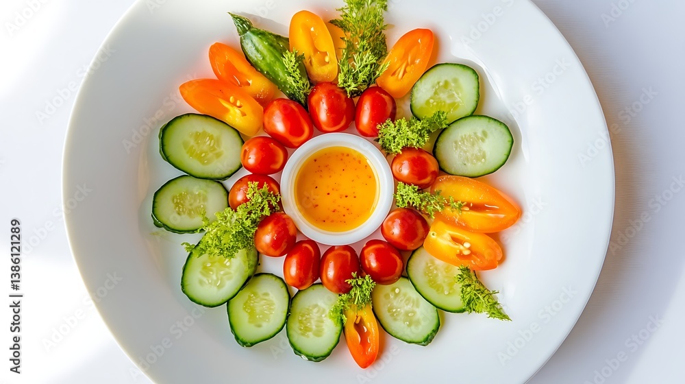 Vibrant assortment of fresh vegetables arranged in a circular pattern on a white plate with a small bowl of dressing in the center Vibrant assortment of fresh vegetables arranged in a circular pattern on a white plate with a small bowl of dressing in the center