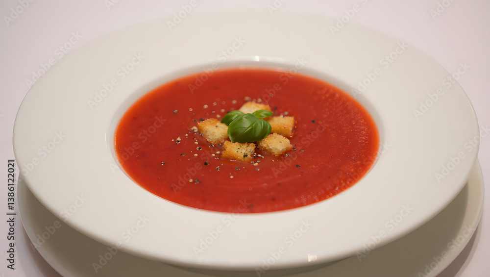 A delightful bowl of rich, creamy tomato soup is presented with fresh basil and croutons. A delightful bowl of rich, creamy tomato soup is presented with fresh basil and croutons.