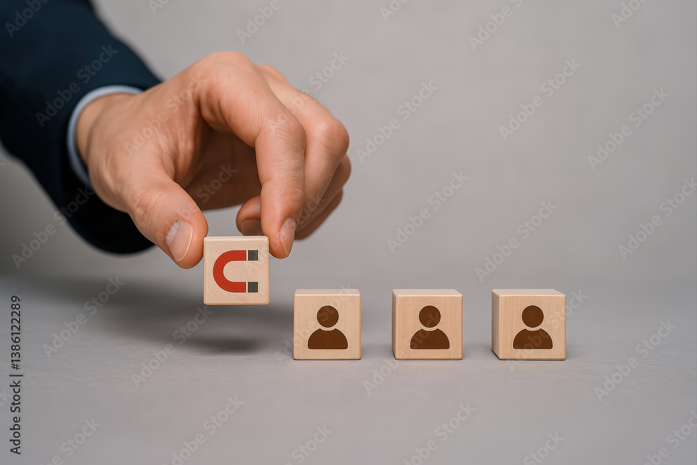 Hand Selecting Magnetic Cube with Person Icons for Leadership and Decision Making Concept Hand Selecting Magnetic Cube with Person Icons for Leadership and Decision Making Concept