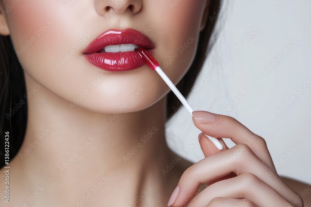 Applying Glossy Red Lipstick with Applicator for Beauty or Fashion Shot Applying Glossy Red Lipstick with Applicator for Beauty or Fashion Shot