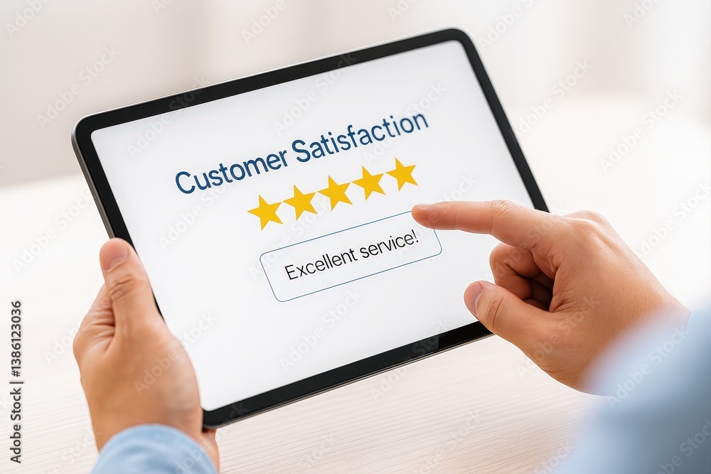 Online Customer Satisfaction Survey Concept with Five Star Rating and Feedback on Tablet for Service Quality Evaluation Online Customer Satisfaction Survey Concept with Five Star Rating and Feedback on Tablet for Service Quality Evaluation