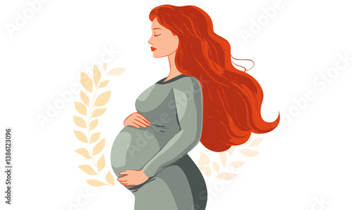 Pregnant Red-Haired Woman in Minimalist Style, Maternity Concept Illustration