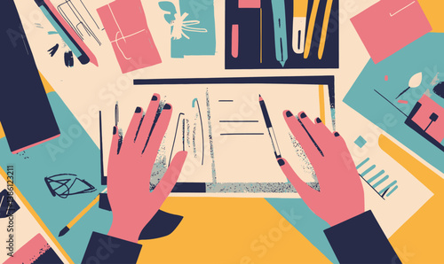 Minimalist Typographic Design Layout with Tools and Hands in Vector Style