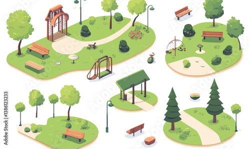 Isometric Park Set in Minimalist Style with Benches and Trees Vector