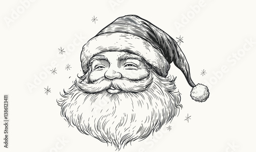Engraved Santa Claus Head in Hat Minimalist Vector Illustration