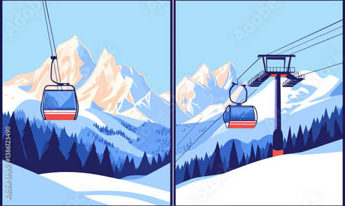 Minimalist Ski Resort Landscape with Snowy Mountains and Cable Cars