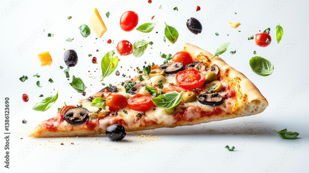 Pizza Slice with Fresh Veggies, Olives, Cheese and Herbs Flying Against White Background Pizza Slice with Fresh Veggies, Olives, Cheese and Herbs Flying Against White Background