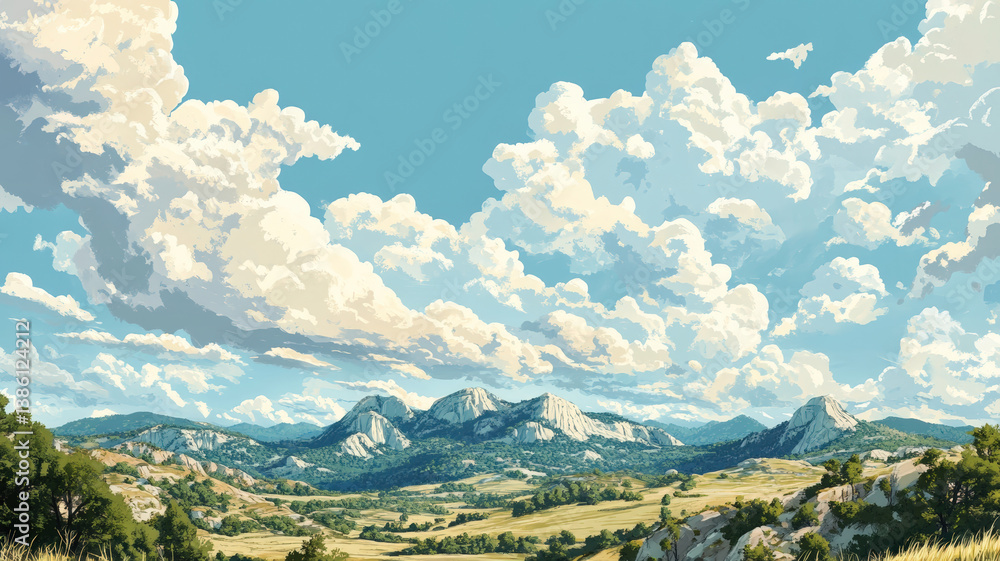 Expansive mountain landscape beneath dramatic cloud formations and blue sky on a bright summer afternoon
