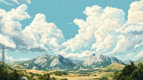 Obraz na płótnie Expansive mountain landscape beneath dramatic cloud formations and blue sky on a bright summer afternoon w salonie
