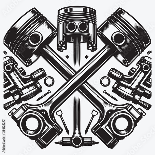 Crossed motorcycle pistons. Design element for poster, flyer, card, banner. Vector illustration stock illustration