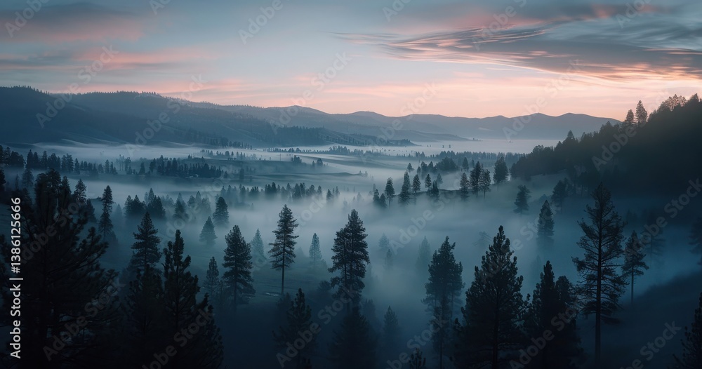 Obraz premium Misty forest valley at dawn with serene blue and pink hues.