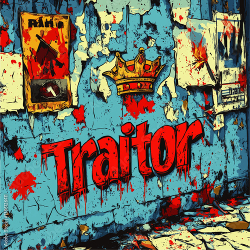 Grunge Urban Graffiti Vector Art Featuring Traitor Text, Golden Crown Symbol, Torn Posters, Red Paint Splashes and Decayed Wall for Rebellious Street Style Designs