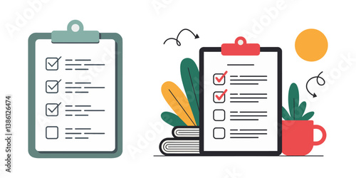 Checklist Clipboard Icons - Multi Series, Clipboard icon set. Checklist on the clipboard line icon with checkmarks, checklist, document, gear, pencil. Clipboard outline icons. Checklist symbol.