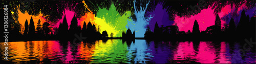 Stunning Vector Art of Colorful Night Sky Reflection on Lake with Vibrant Splash Effect Featuring Silhouetted Trees in Abstract Neon Rainbow Colors for Creative Designs